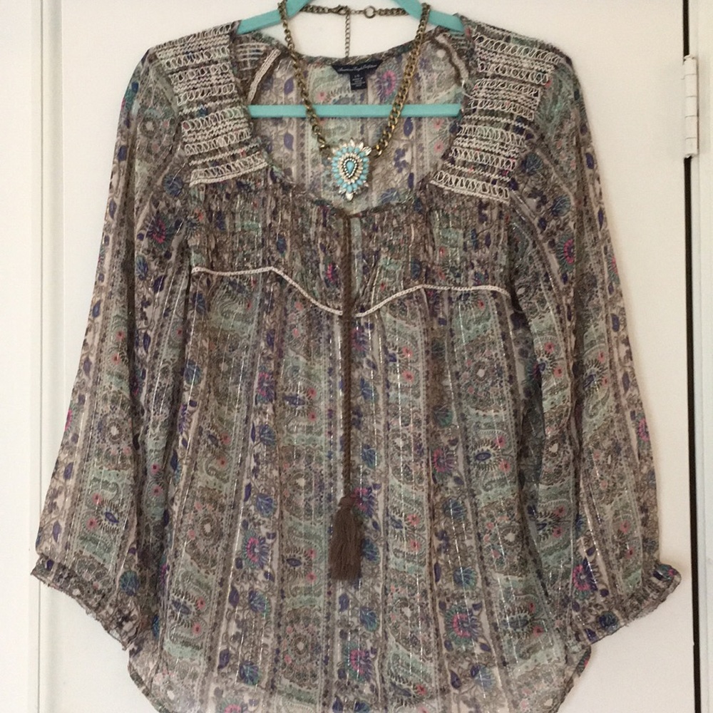 AEO SHIMMER PEASANT TOP